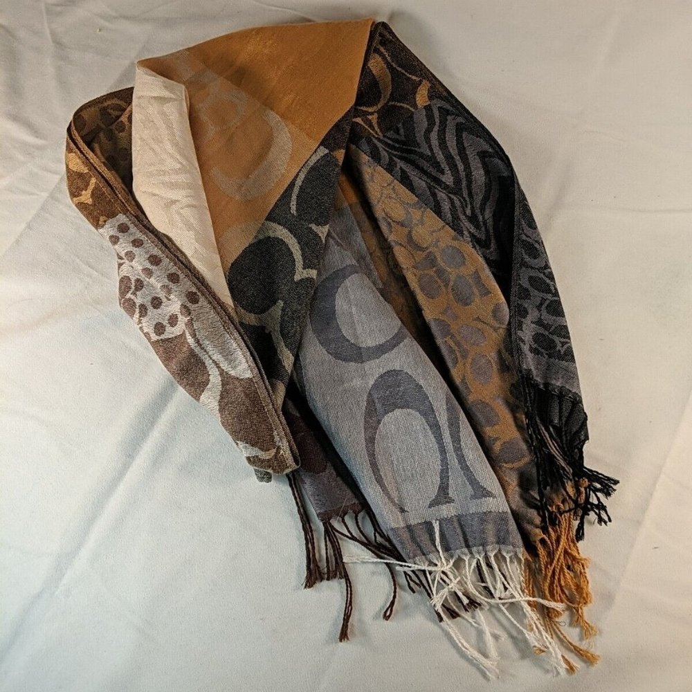 Pashmina Silk Scarf Brown Tan Beige Fringed Animal Print C pattern Y2K Cream